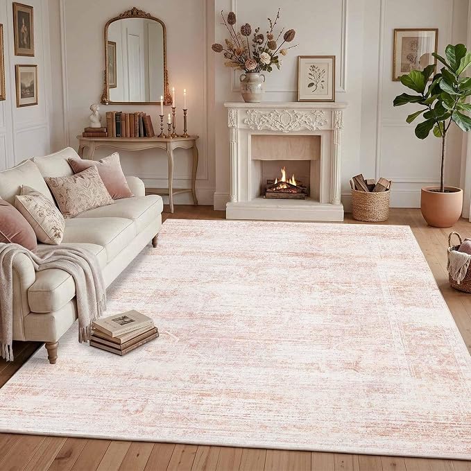 Latte&Fog 8x10 Area Rugs for Living Room Washable Large Pink Rugs Cute | Non Slip Low Pile Soft Floral Carpet for Girls Bedroom Dining Kitchen Kids Playroom Nursery Classroom Dorm Farmhouse Office