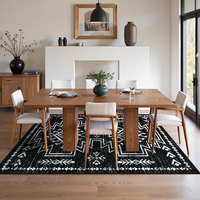 Lahome 5x7 Western Black and White Rugs for Living Room, Washable Aztec Rug | Boho Soft Low Pile Distressed Moroccan Carpet for Bedroom Dining Room Home Decor