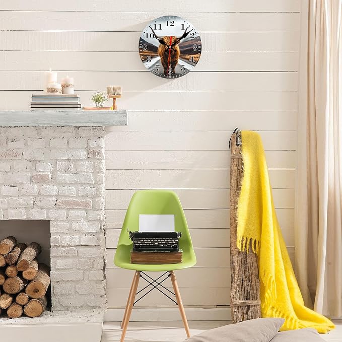 Wall Clock, Scotland Highland Cow Silent Non Ticking Battery Operated Round Decorative Indoor Outdoor Clocks for Living Room Kitchen Bedroom Bathroom Patio 12"