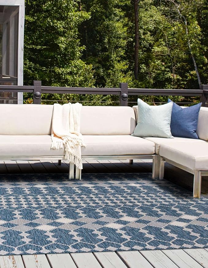 Unique Loom Outdoor Trellis Collection Area Rug - Traliccio (10' Square, Blue/ Ivory)