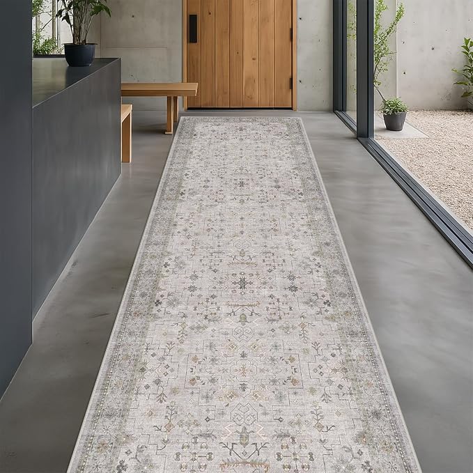 Boho Washable 3x20 Extra Long Hallway Runner Rug, Neutral Light Gray & Sage Large Kitchen Floor Rug Indoor, Non-Slip Stain & Fade Resistant, Vintage Floral Décor