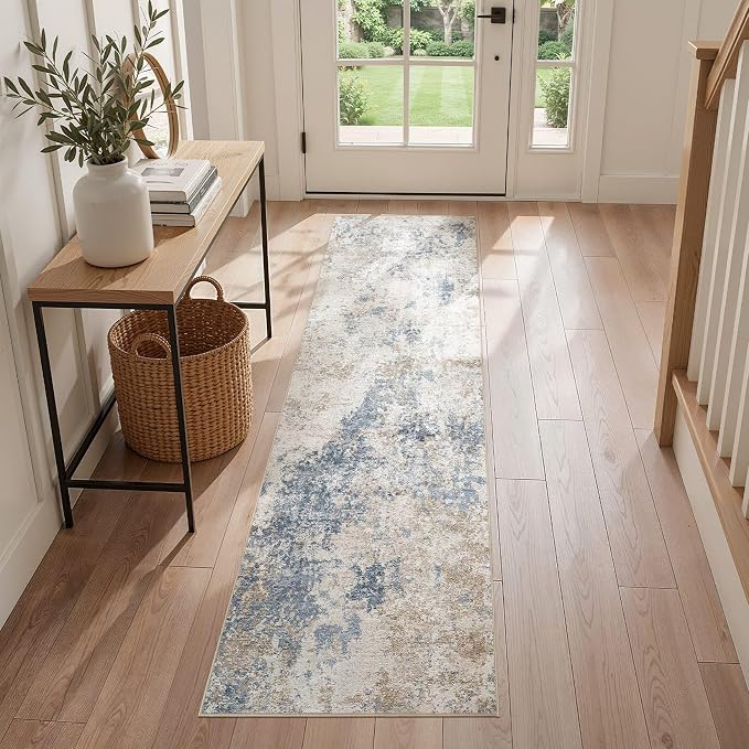 Nakagishi 2x6 Abstract Washable Area Rugs for Entryway-Blue Brown | Modern Non-Slip Silicone Backing Low Pile Soft Carpet for Bedroom Dining Decor for Families with Kids and Pets