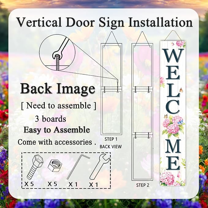 Welcome Sign for Front Porch, 47" Wood Framed Porch Sign Hydrangea Flower Decorations with Hanging Rope, Farmhouse Yard Signs Home Decor for Outdoor Patio
