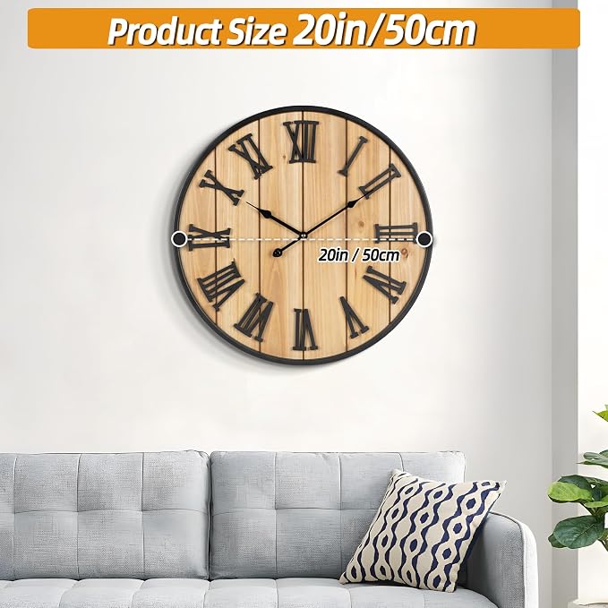 Large Wall Clock 20IN, Silent Metal Wood Style Wall Clocks Battery Operated for Living Room Decor, Farmhouse Big wall Clock, Outdoor