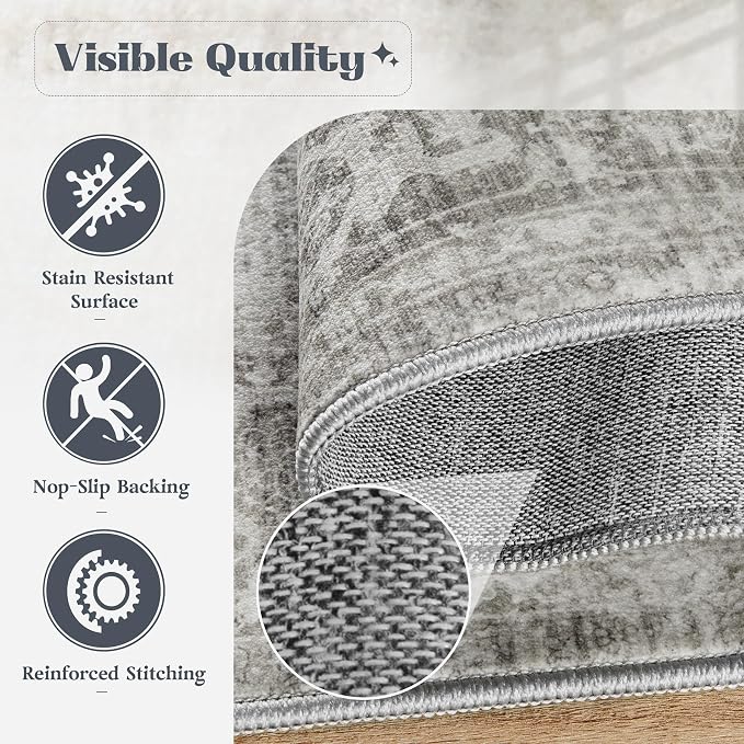 Round Rugs 6ft Washable Rug, Vintage Boho Medallion Rugs Non-Slip Soft Low Pile Circle Distressed Rug Indoor Retro Carpet for Living Room Bedroom Dining Room Home Office (Grey, 6' Round)