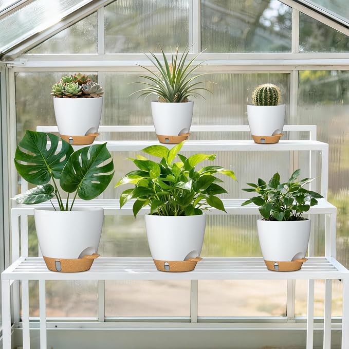 8/7/6.5/6/5.5/5 Inch Self Watering Pots for Indoor Outdoor Plants, Set of 6 Large Plastic Planters with Visual Water Window, Drainage Holes & Watering Lip, Modern Decorative Flower Pots (White)