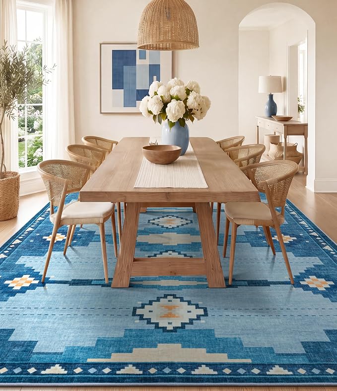 6'x9' Washable Area Rug for Living Room, Mid Century Modern Blue Rug | Soft, Non-Slip, Geometric Coastal Aztec Design, for Bedroom Dining Nursery Room Playroom, Low Pile, Pet Friendly