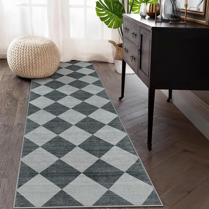 Beeiva Checkered Print Hallway Rug 2x6, Ultra Thin Kitchen Rug Runner Non Slip Washable Carpet Runners for Hallway 6ft, Modern Diamond Stain Resistant Floor Carpet for Bathroom Bedroom Entryway