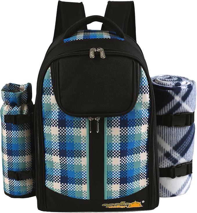 apollo walker Picnic Backpack Bag for 2 Person with Cooler Compartment, Detachable Bottle/Wine Holder, Fleece Blanket, Plates and Cutlery Set