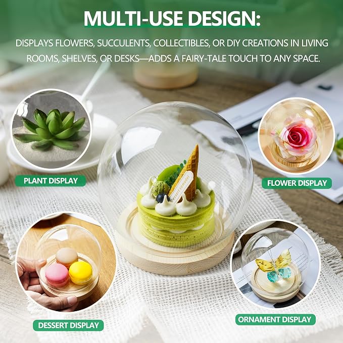 ZEERSHEE Glass Display Dome Cloche with Wooden Base, 4.7" Round Bell Jar | Clear Glass Cover with Secure Wood Base, Perfect for Plants, Collectibles, Desserts & Home Displays