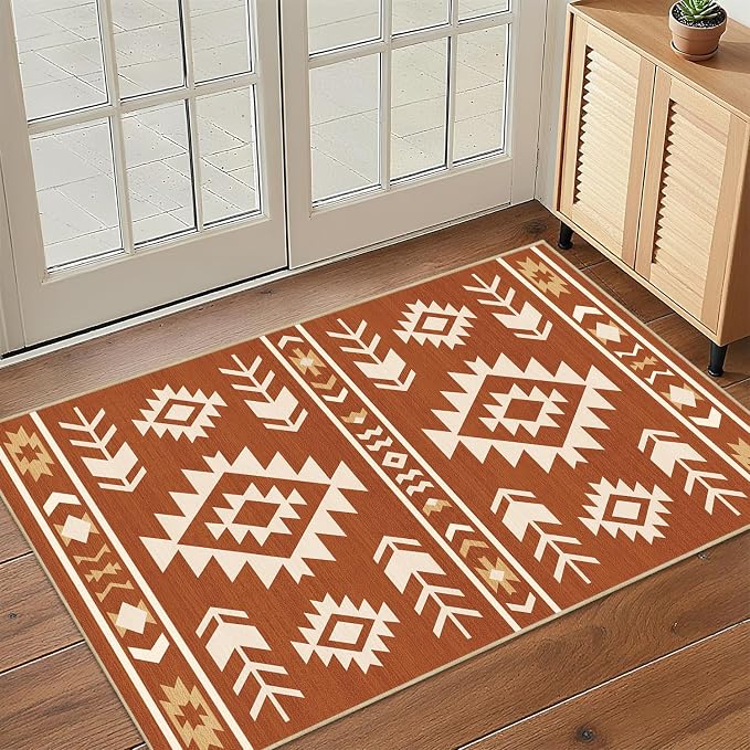 Western Rug 2x3 for Entryway Indoor Mat, Southwestern Aztec Tribal Rugs Southwest Navajo Machine Washable Entrance Rug Non-Slip Printed Low-Pile Entry Floor Carpet Doormat for Bedroom, Yellow Brown