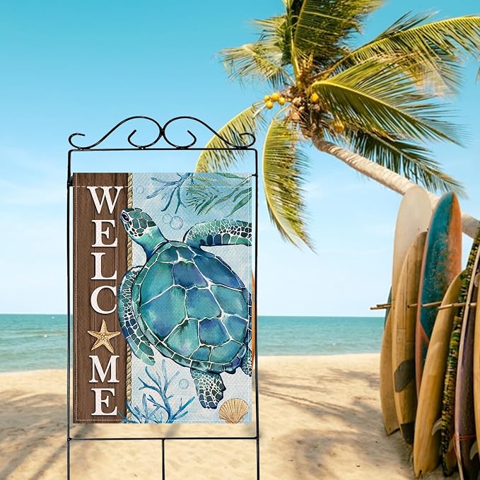 Artofy Welcome Summer Beach Sea Turtle Large Decorative House Flag, Coastal Ocean Farmhouse Yard Garden Outside Decor, Spring Nautical Starfish Coral Burlap Outdoor Home Decoration Double Sided 28x40
