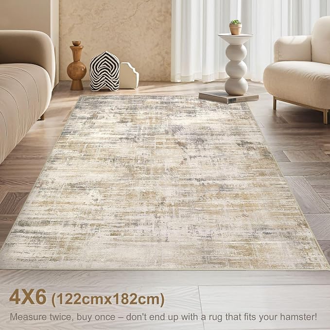 UERMEI 4x6 Area Rug for Living Room Washable Abstract Golden Brown Carpet | Low Pile Non-Slip Soft Neutral Modern Kid Pet Friendly Large Rugs For Bedroom Dining Room Nursery Office Indoor Decor