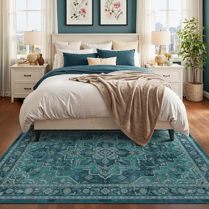 Teal 5x7 Area Rugs for Living Room, Vintage Medallion Classic Bedroom Rug Washable Non Slip, Boho Low Pile Thin Carpet Rugs for Dining Room/Kitchen/Home Office/Foyer