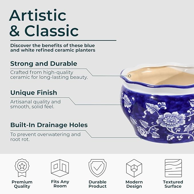 Set of 2 Round Chinoiserie Decorative Ceramic Planter Pots – Stoneware Outdoor & Indoor Plant Pots with Drainage – Modern Garden & Home Decor Planters – 6" & 5", Blue & White