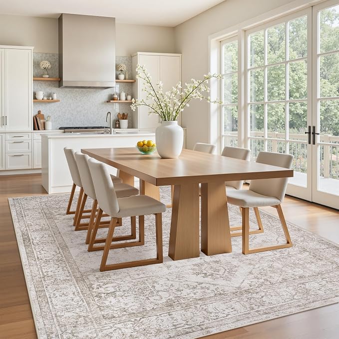 Area Rug 6x9 Living Room Rug Washable Beige Brown Non-Slip Rugs | Vintage Medallion Rug，Soft Low Pile Large Rugs，Indoor Retro Carpet for Bedroom Nursery Dining Table Farmhouse Home Office
