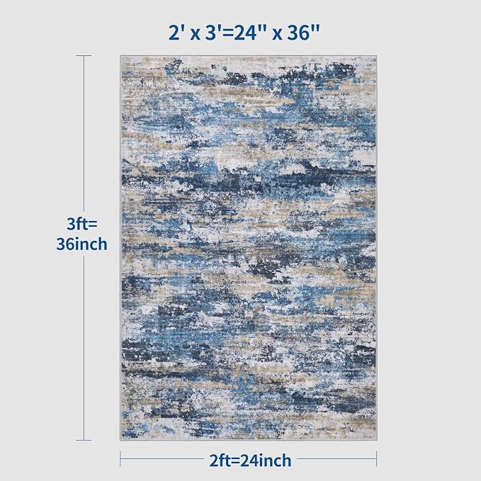 Tangsoo Abstract 2x3 Washable Rugs for Entryway, Small Area Rug Non Slip | Modern Low Pile Soft Throw Rugs, Contemporary Indoor Front Door Mat Rug for Entrance Entry Foyer Kitchen Blue Grey Home Decor