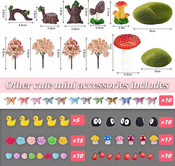 147Pcs Fairy Garden Kit Complete Miniature Figurines Accessories Set with Exclusive Mini Coffee Cups Butterflies DIY Resin Fairy House Mushrooms Animals Trees Decor for Indoor Outdoor Lawn Plant Pots