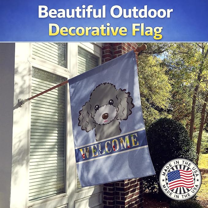 Caroline's Treasures BB1445CHF Silver Gray Poodle Welcome House Flag, Blue Large Porch Sleeve Pole Decorative Outside Yard Banner Artwork Wall Hanging, Polyester, House Size, Multicolor