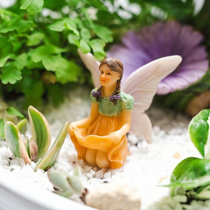PRETMANNS Fairies for Fairy Garden Accessories for Outdoor - 4 Figurines Miniature Set with a Flower Stump, 2 Mushrooms - Ideal for an Indoor Miniature Fairy Garden Starter Kit - 7 Piece Supplies