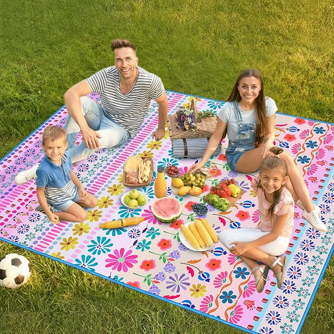 Floral Picnic Blankets Waterproof Foldable, 80″X80″ Extra Large Picnic Mat Boho Outdoor Blanket for Grass, Cute Packable Beach Blanket Sandproof Picnic Accessories for Camping Music Festival Park Lawn