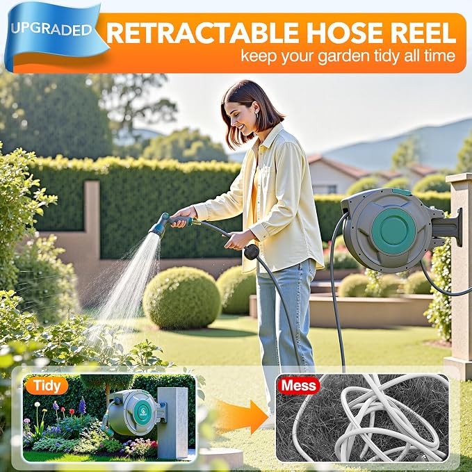 1/2" x 130 ft Retractable Garden Hose Reel, Heavy Duty Water Hose Reel Wall Mounted, Any Length Lock, 180°Swivel, Water Hose with 10-Function Nozzle for Cleaning, Watering (Green)