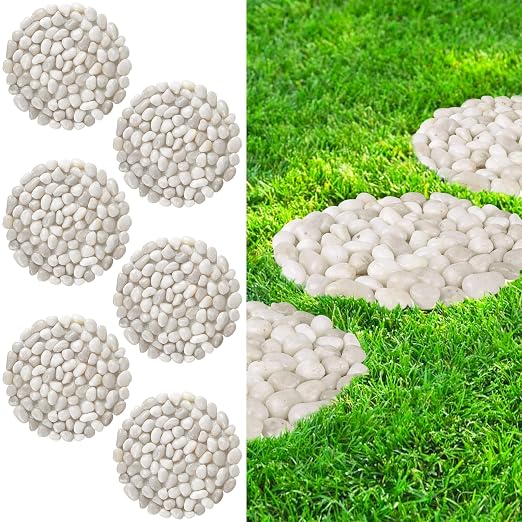 River Rock Stepping Stones Outdoor for Garden Walkway, 10 inch Diameter 6 Pcs Round Shape Paver Step Stones Polished Pebble River Stone Mat for Yard Lawn Patio Pathway Walk Way - White
