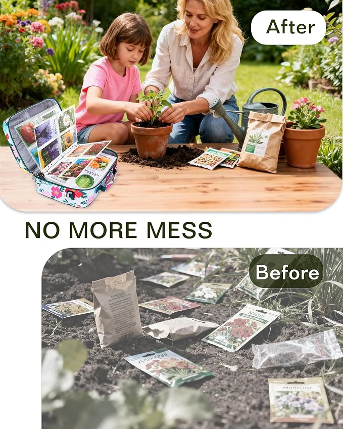 Seed Storage Organizer Binder with 20 Reusable Seed Envelopes | 30 Sheet Protectors Holds 120 Packets Envelopes, 1.5-Inch 3-Ring Binder, Handle & Adjustable Shoulder Strap,Ideal for Garden