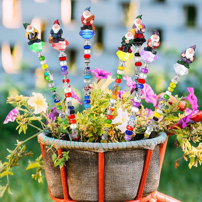 Lineshading 160 Pcs Fairy Wand Gnome Garden Stakes DIY Beaded Stake Garden Decor Includes 7 Crystal Stopper Top 7 Gnome 112 Large Hole Beads 20 Silver Pendants 7 Threaded Rods 7 Pcs Nuts,for Craft