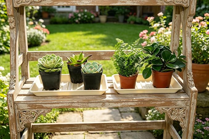 4 Pack Rectangular Plant Saucer 16 Inch, Heavy Duty Plastic Drip Trays for Pots, Windowsill Planter, Indoor Outdoor, 7.0 x 16.1 Inches, Beige