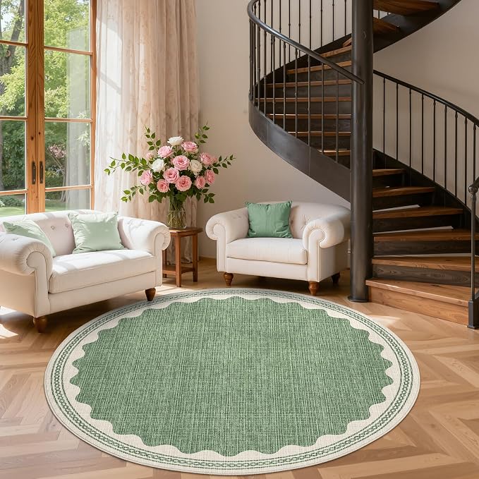 GarveeHome Scalloped Sage Green 6ft Round Rug Washable Non-Slip Soft Ultra-Thin Small Circle Modern Cottage Core Solid Carpet for Entryway Kitchen Bedroom Nursery Dining Room