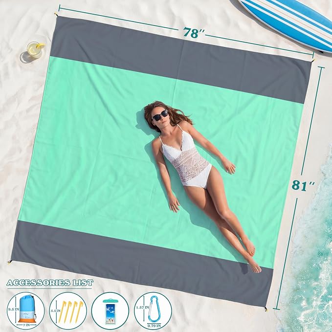Famstar Beach Blanket Oversized Extra Large 78"X81"/10'X9',Waterproof Sandproof Beach Blanket 2-8 Adults Lightweight Durable for Travel Camping Hiking Picnic