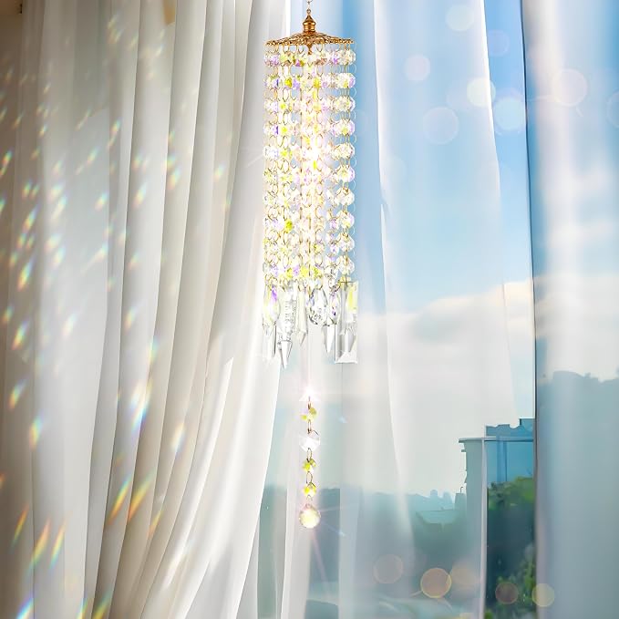 Crystal Wind Chimes Rainbow Suncatcher for Window, Garden, Patio | K9 Crystal Suncatcher, 22 Inches, Creates Rainbows Indoors/Outdoors, Ideal For Gifting, Rose Gold Hooks, Porch/Balcony
