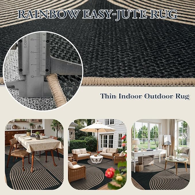 Lahome Modern Rainbow Easy Jute Rug, Washable Rugs 8x10 for Living Room | Indoor Outdoor Patio Farmhouse Large Carpet, Contemporary Non Slip Black Carpet for Bedroom Backyard Decor