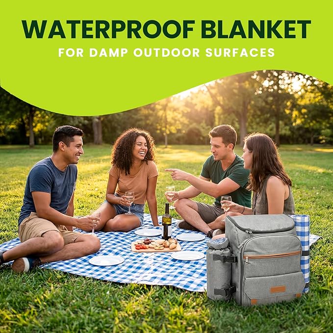 Nature Gear Picnic Backpack for 4, Insulated Picnic Set with Dinnerware, Wine Cooler, Blanket & Cutlery Service, Waterproof Outdoor Bag for Beach, Camping, Travel & Park, Blue