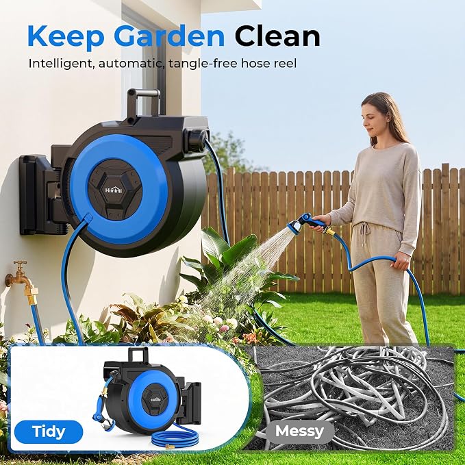 Retractable Garden Hose Reel, 1/2" x 131FT Heavy Duty Automatic Retractable Hose Reel Wall Mount, with 10- Function Sprayer Nozzle, Any Length Lock/Auto Rewind/180°Swivel