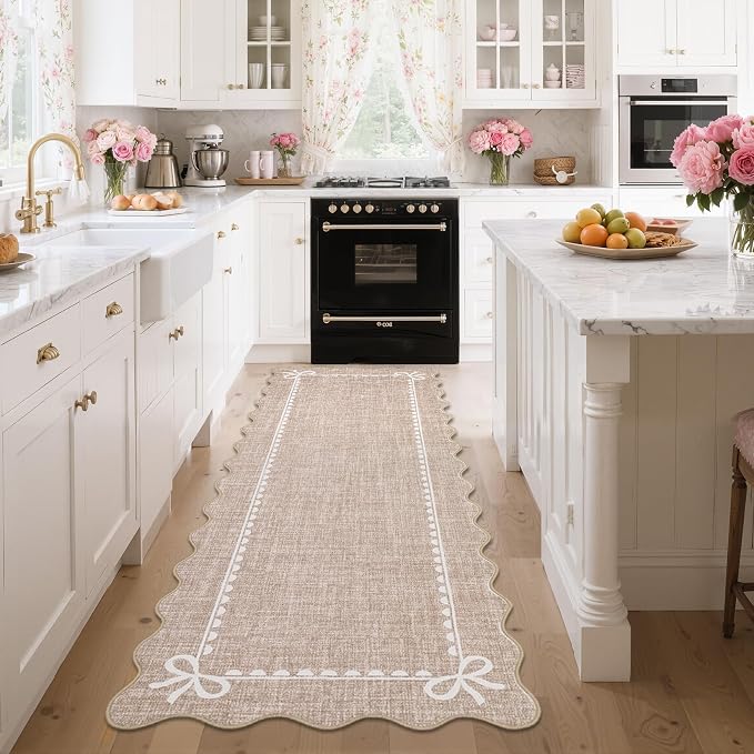 GarveeHome Scalloped Hallway Runner Rug 2.5x10 Non Slip Bedroom Rugs, Camel | Washable Bow Rug for Girls Dorm Nursery Living Room Entyrway Kitchen, Soft Low Pile Ultra-Thin Stain Resistant Indoor Carpet