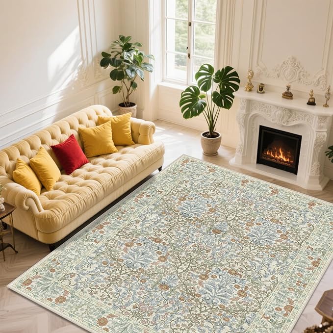 Area Rug for Living Room, 10x12 Large Washable Rugs for Dining Room, Bedroom, Non Slip Stain Resistant Carpet, Low Pile Vintage Floral Rug (Beige Blue)