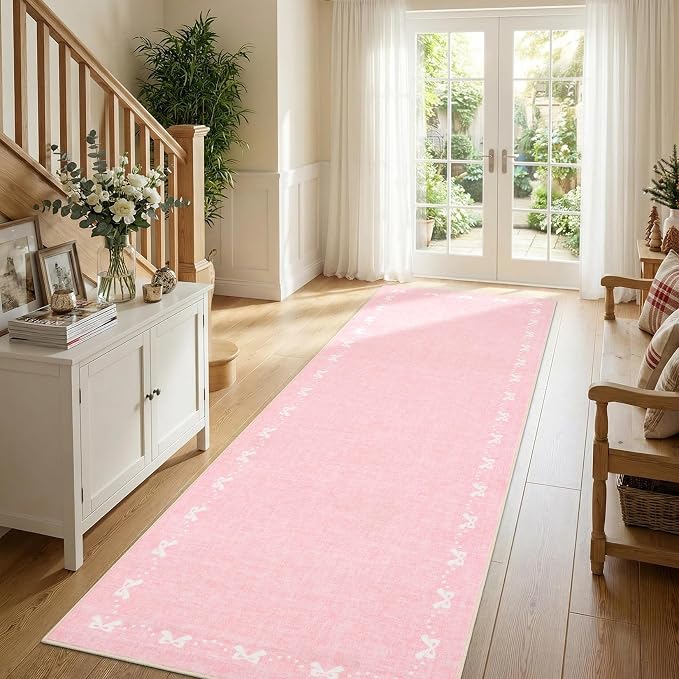 COZYLOOM 2x6 Bow Border Runner Rugs for Entryway, Kitchen Rugs Non Slip Washable, Stain Resistant Modern Solid Color Accent Rug Non Shedding Low Pile Soft Mats for Hallway, Bathroom, Bedroom, Pink