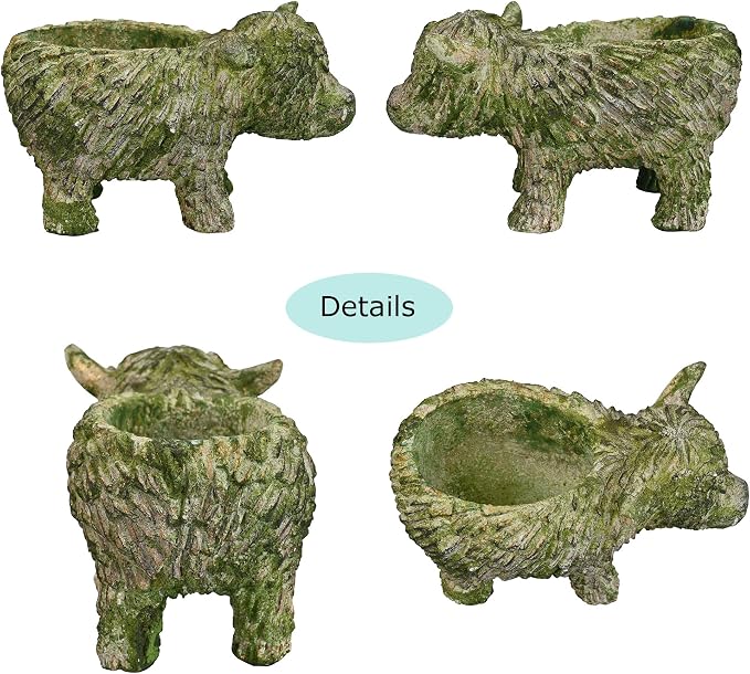 Rustic Highland Cow Planter - Vintage Distressed Green Resin Planter Pot Indoor&Outdoor Flower Pots for Garden Home Decor, Succulent, Herbs