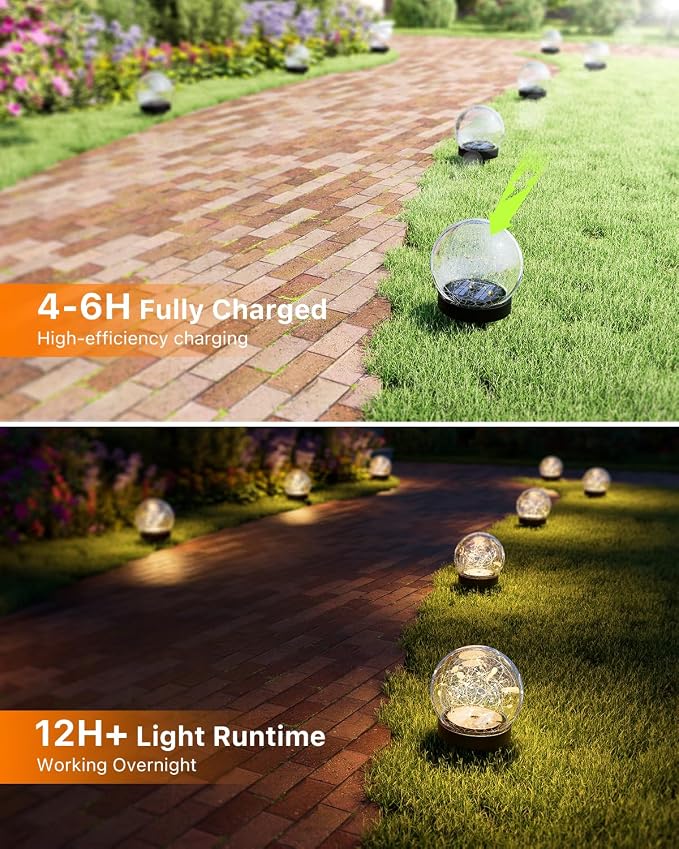 4 Pack 4.72" Warm White Solar Powered Cracked Glass Globe LED Light | Outside Waterproof Decorative Table Ball Lamps, for Garden, Step, Yard, Deck, Pathway, Backyard Decoration Easy to Install