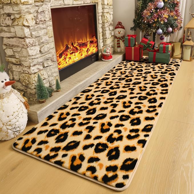 Amearea Soft Leopard Runner Rugs, 2x6 Cheetah Print Bedroom Bedside Rugs | Washable Fluffy Indoor Animal Runner Rug Carpet for Entrance Kitchen Kids Teen Room Living Room Decor, Khaki