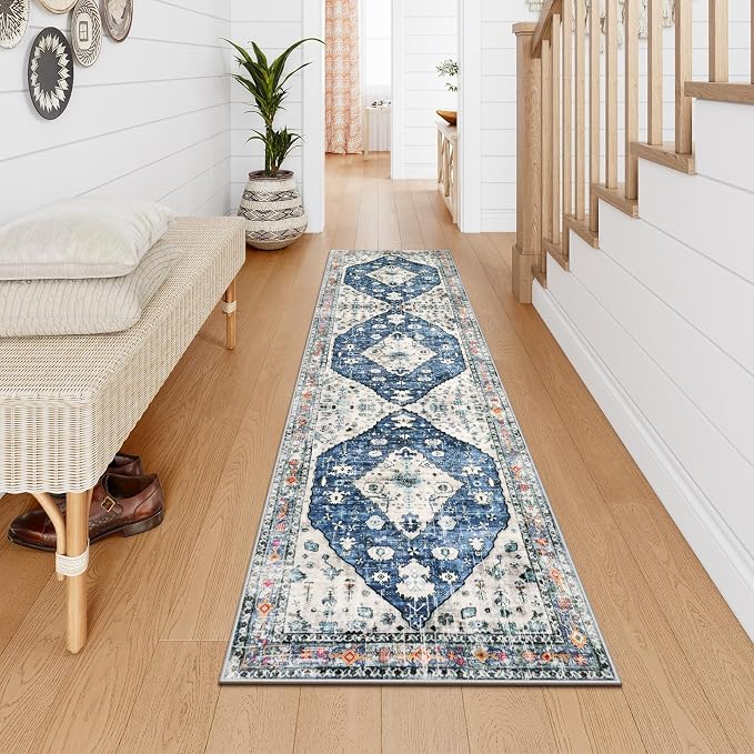 Lahome Felice Boho Tribal Runner Rug - 2x8 Blue Washable Runners for Hallways Bathroom Rug, Oriental Soft Non Slip Low Pile Pet Friendly Kitchen Mat Carpet Runner for Apartment Bar Hall Front Door