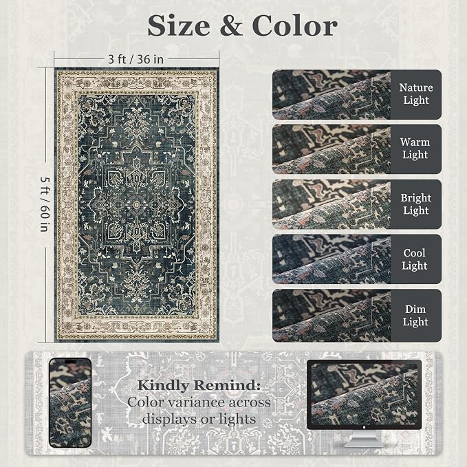 Farmhouse Distressed 3x5 Area Rugs for Entryway Foyer, Washable Non Slip Low Pile Throw Rugs for Kitchen, Vintage Medallion Pinted Carpet for Bedroom/Bathroom/Home Office, Midnight/Multi