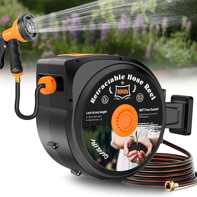 Retractable Garden Hose Reel, 1/2 in x 100 ft Wall Mounted Hose Reel Heavy Duty with 10-Function Sprayer Nozzle, Any Length Lock, Slow Return System, 180°Swivel Bracke for Large Yard Lawn Car Washing