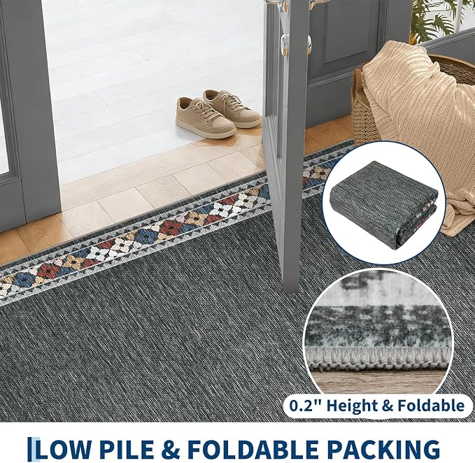 Garvee Large Area Rug 10x13 Rugs Tribal Border Washable Rug, Dark Gray | Floral Border Area Rug Stain Resistant Easy Cleaning Throw Rugs Low Pile Floor Cover for Nursery Dining Room Apartment