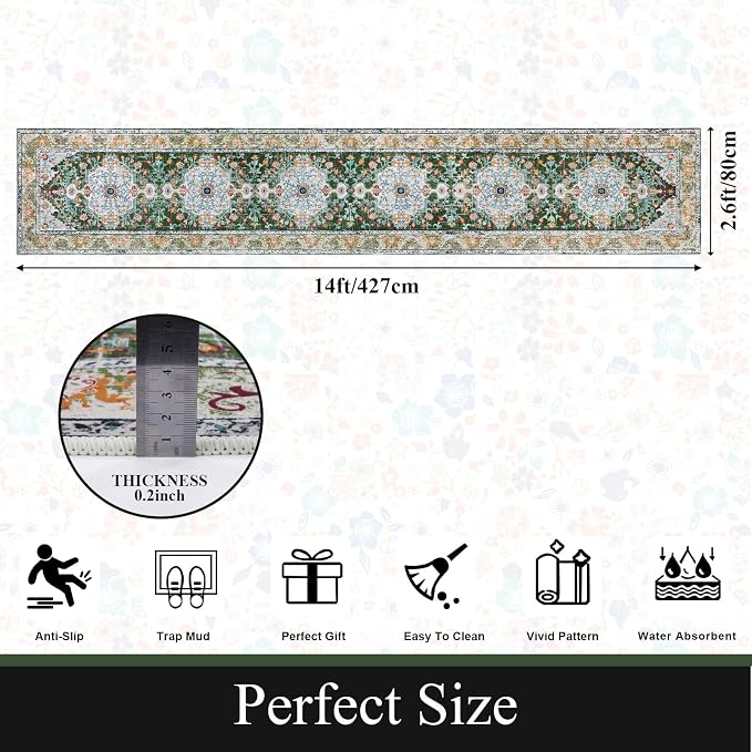 U'Artlines 2.6' x 14' Extra Long Boho Hallway Runner Rug, Green | Non Slip Washable Vintage Farmhouse Accent Area Rug Carpet for Kitchen Entryway Laundry and Living Room