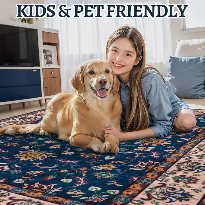 Tangsoo 2x3 Washable Rugs for Entryway, Small Area Vintage Floral Rug Non-Slip Soft Low Pile Rugs, Small Carpet Door Mat, Front Door Indoor Throw Rug for Entrance Kitchen Entry, Home Decor Navy Blue