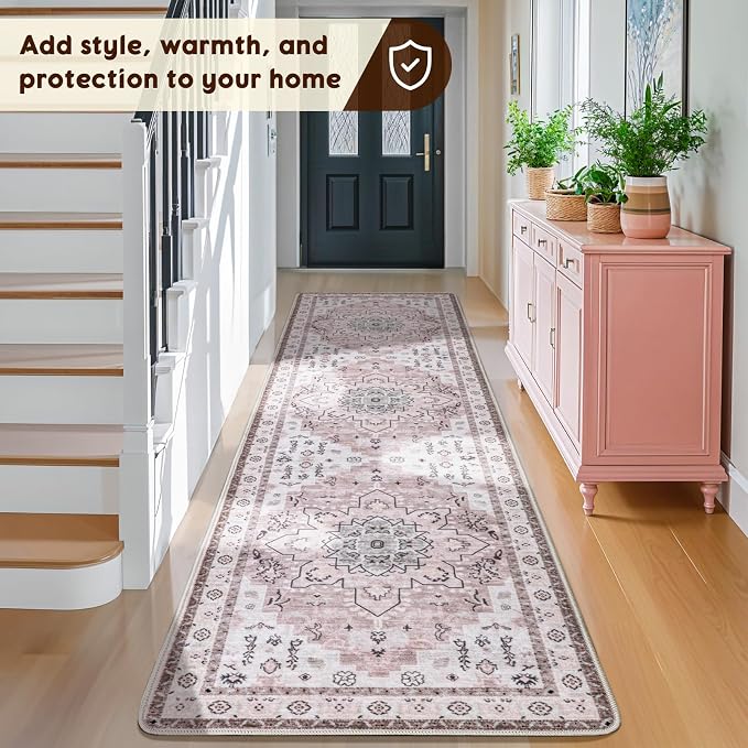 LBRO2M Machine Washable Rug Soft Pet Friendly Carpet 2X10 Pink | Persian Runner Rug 2X10 for HallWay, Bedroom, Kitchen, Laundry Room, Non Slip Carpet, Foldable Stain Resistant Rugs
