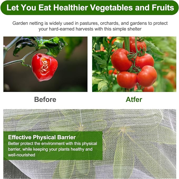 Garden Netting, Jevrench Durable Ultra Fine Garden Netting, Garden Plant Cover Row Cover Makes Plants, Vegetables, Fruits, and Flowers Grow Better (10ft x 50ft)